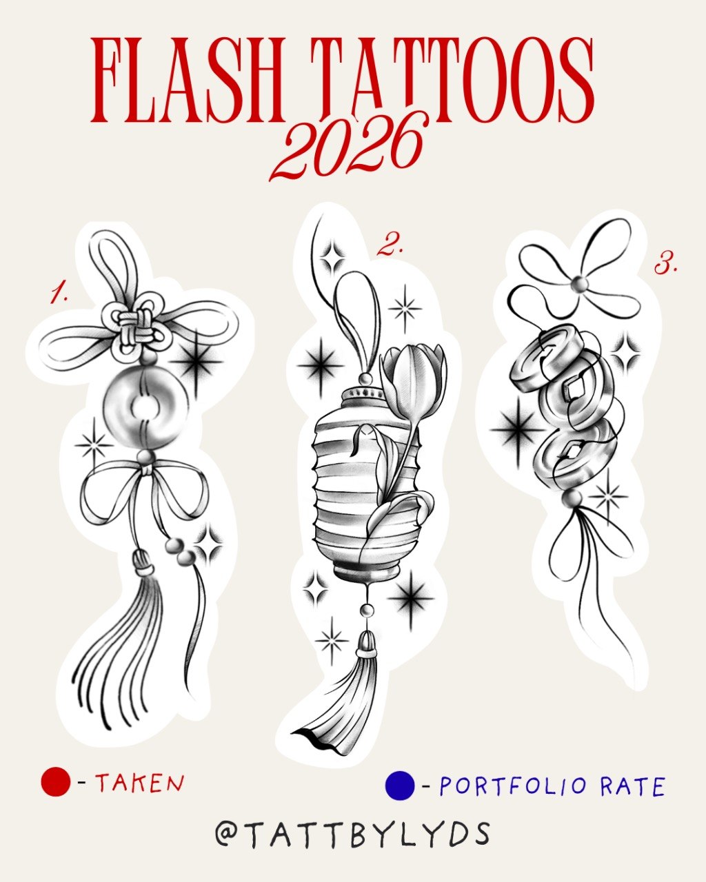 Flash tattoos 2026 — designs 1-3: ornamental charms
