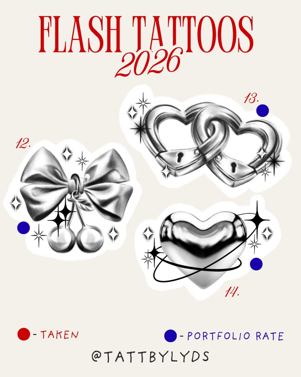 Flash tattoos 2026 — designs 12-14: chrome bow, heart lock, heart